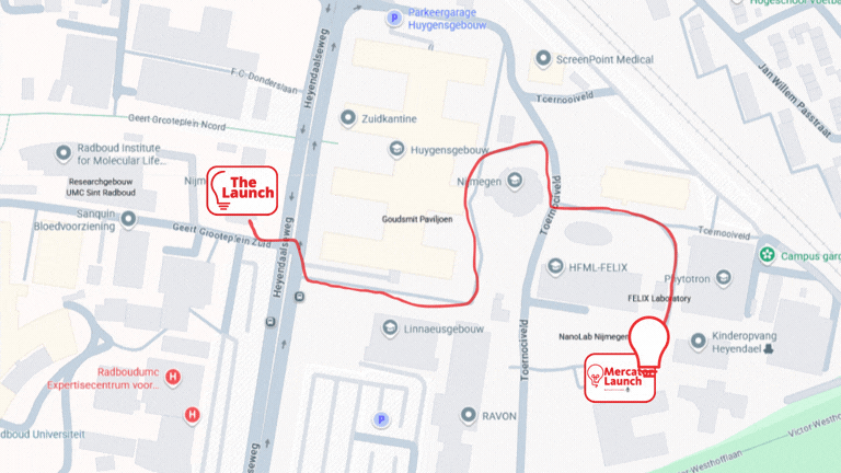 kaart van Campus Heyendaal met nieuwe adres van The Launch
